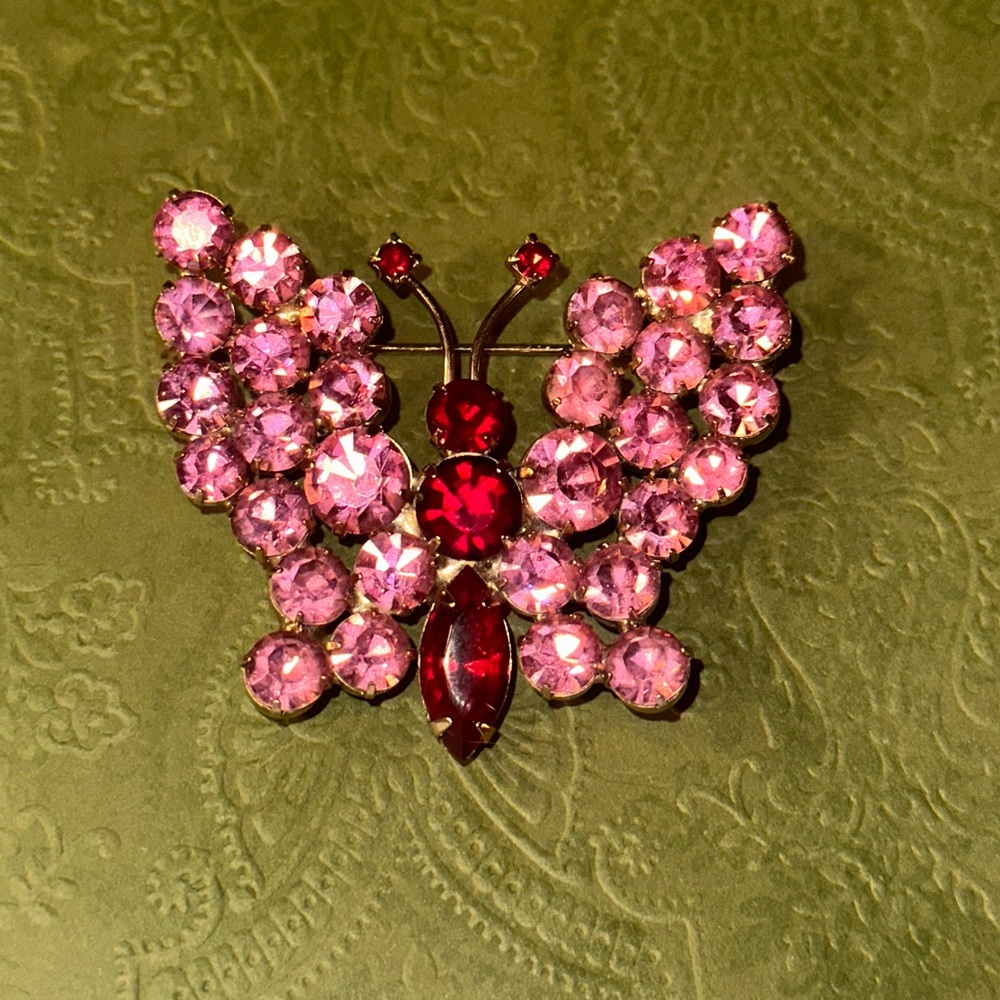 Pink crystal vintage butterfly brooch